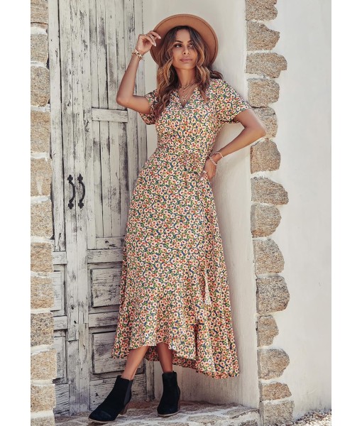 PRETTYGARDEN Women's Summer Maxi Dress Casual Wrap Floral Boho Short Sleeve V Neck Split Ruffle Beach Long Dresses