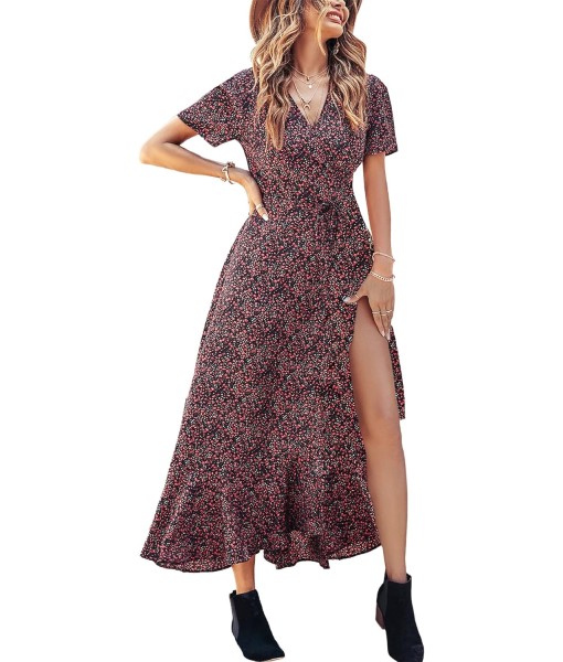 PRETTYGARDEN Women's Summer Maxi Dress Casual Wrap Floral Boho Short Sleeve V Neck Split Ruffle Beach Long Dresses