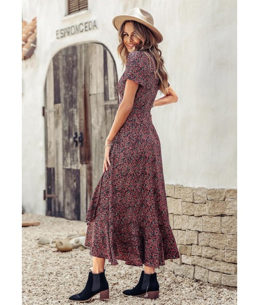 PRETTYGARDEN Women's Summer Maxi Dress Casual Wrap Floral Boho Short Sleeve V Neck Split Ruffle Beach Long Dresses