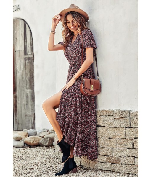 PRETTYGARDEN Women's Summer Maxi Dress Casual Wrap Floral Boho Short Sleeve V Neck Split Ruffle Beach Long Dresses