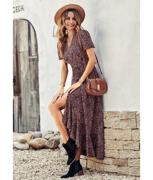 PRETTYGARDEN Women's Summer Maxi Dress Casual Wrap Floral Boho Short Sleeve V Neck Split Ruffle Beach Long Dresses