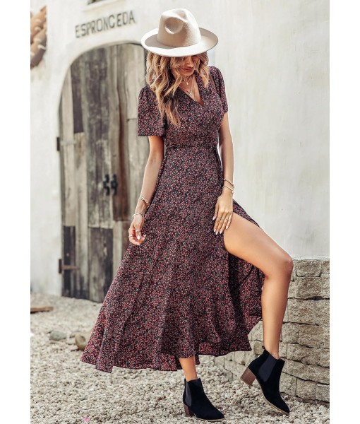 PRETTYGARDEN Women's Summer Maxi Dress Casual Wrap Floral Boho Short Sleeve V Neck Split Ruffle Beach Long Dresses