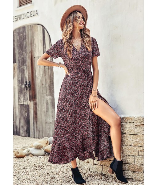 PRETTYGARDEN Women's Summer Maxi Dress Casual Wrap Floral Boho Short Sleeve V Neck Split Ruffle Beach Long Dresses