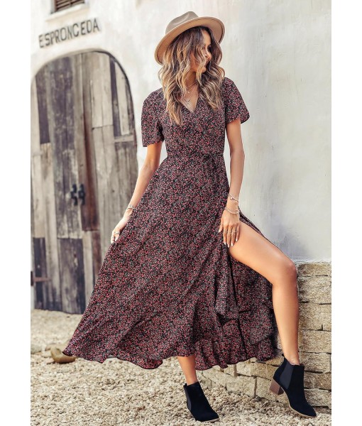 PRETTYGARDEN Women's Summer Maxi Dress Casual Wrap Floral Boho Short Sleeve V Neck Split Ruffle Beach Long Dresses